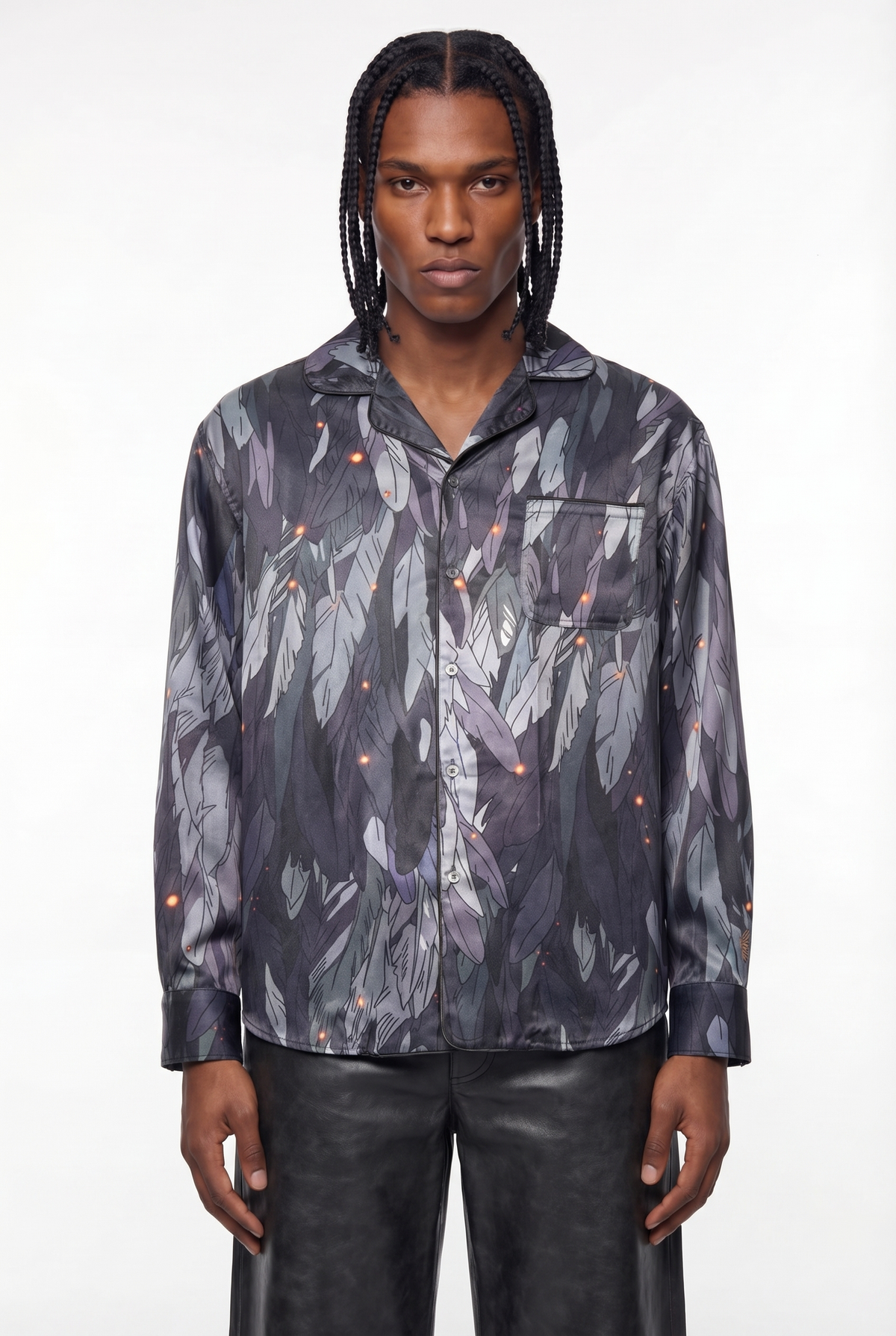 Dark Grey Feather Ember Print Silk Pyjama Shirt