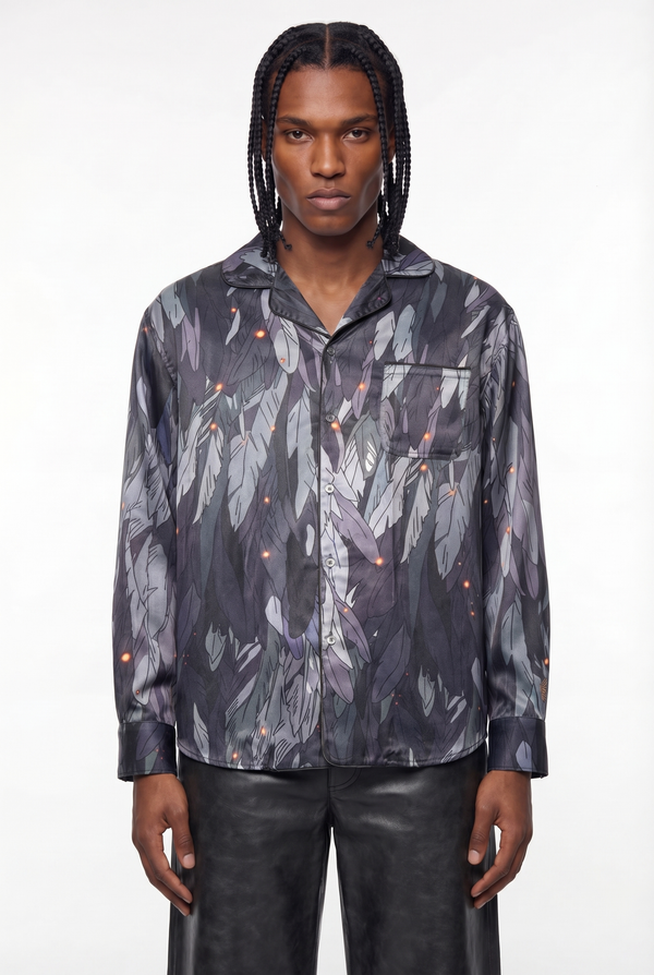Dark Grey Feather Ember Print Silk Pyjama Shirt