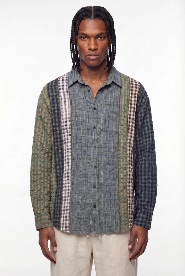 Multicolour Patchwork Crinkled Plaid Hybrid Shirt