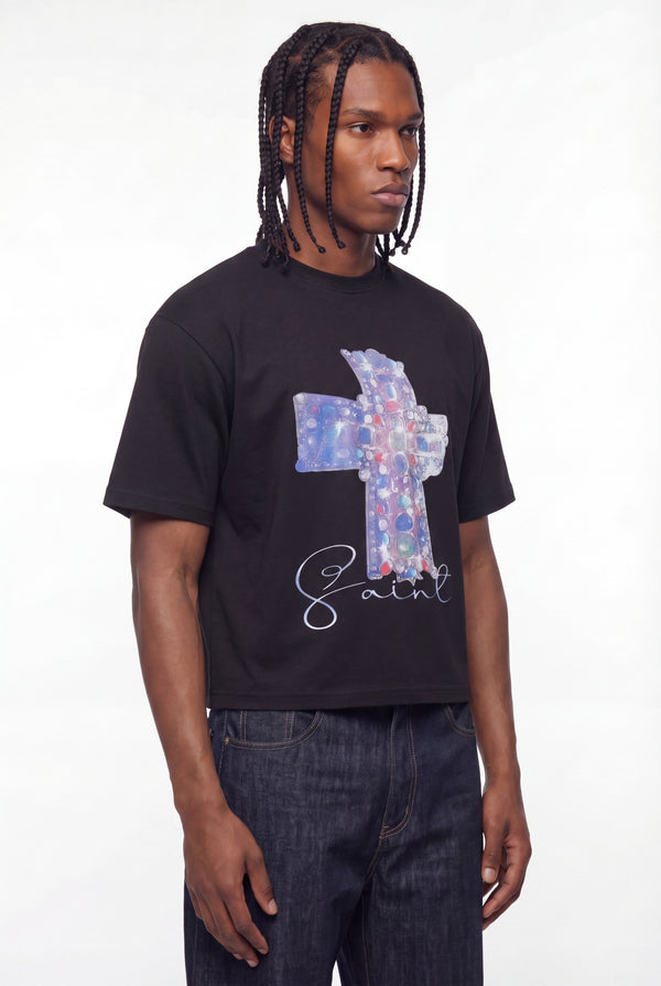 Black Bejeweled Cross Raw Hem T-Shirt