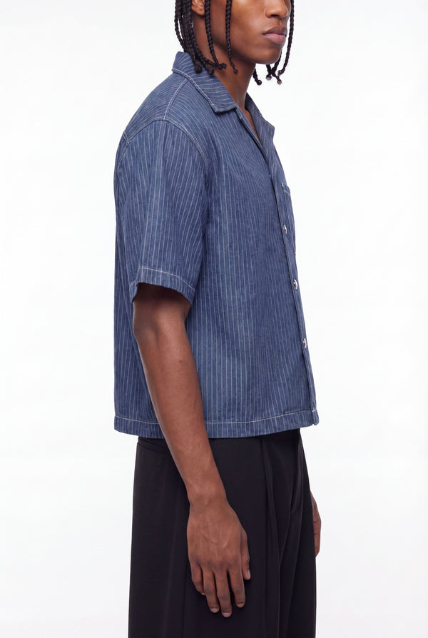 Blue Pinstripe Contrast Stitch Denim Shirt