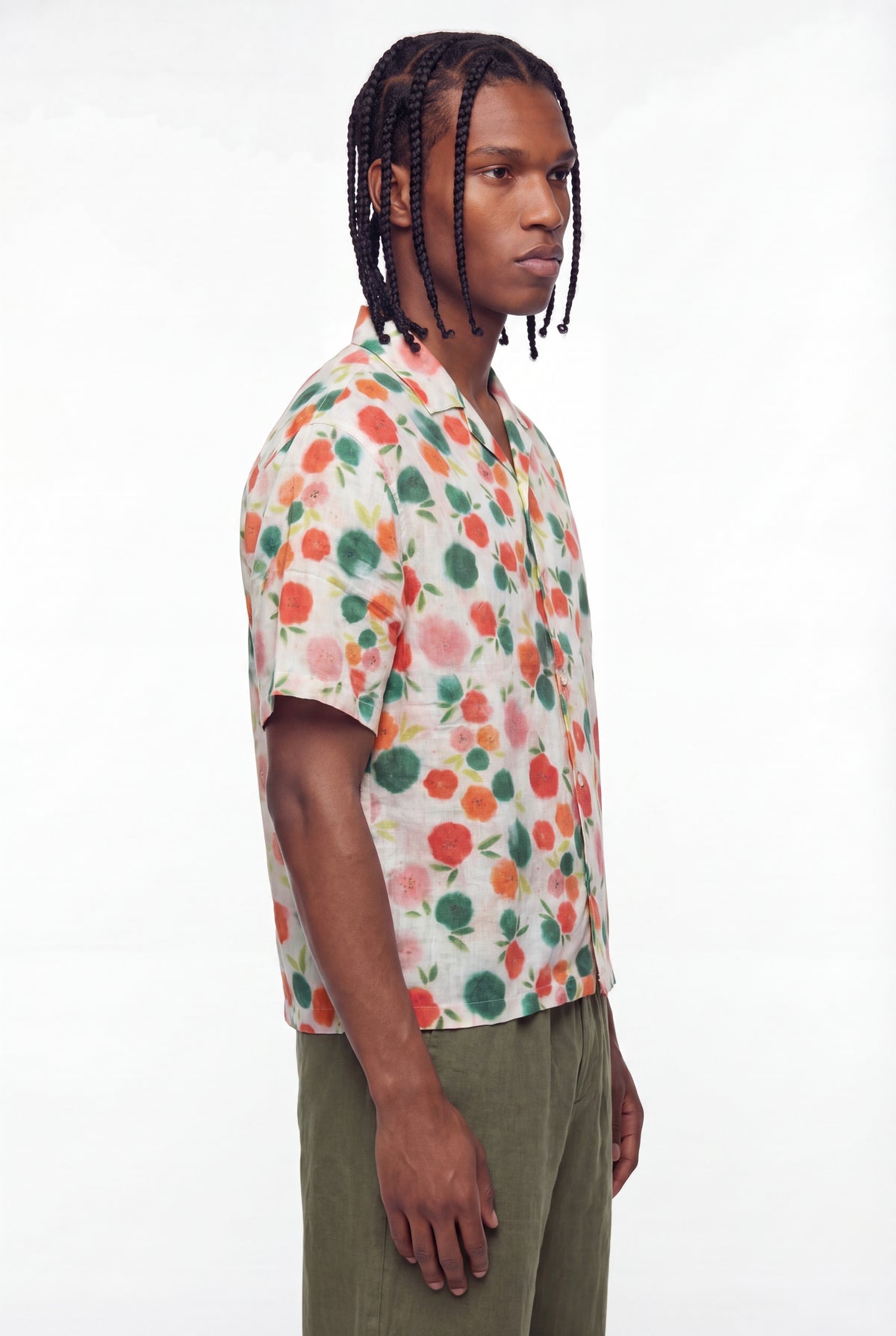 White Watercolor Floral Print Cuban Shirt