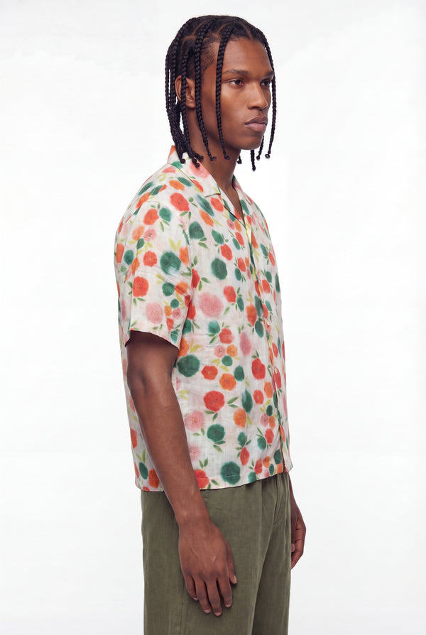 White Watercolor Floral Print Cuban Shirt