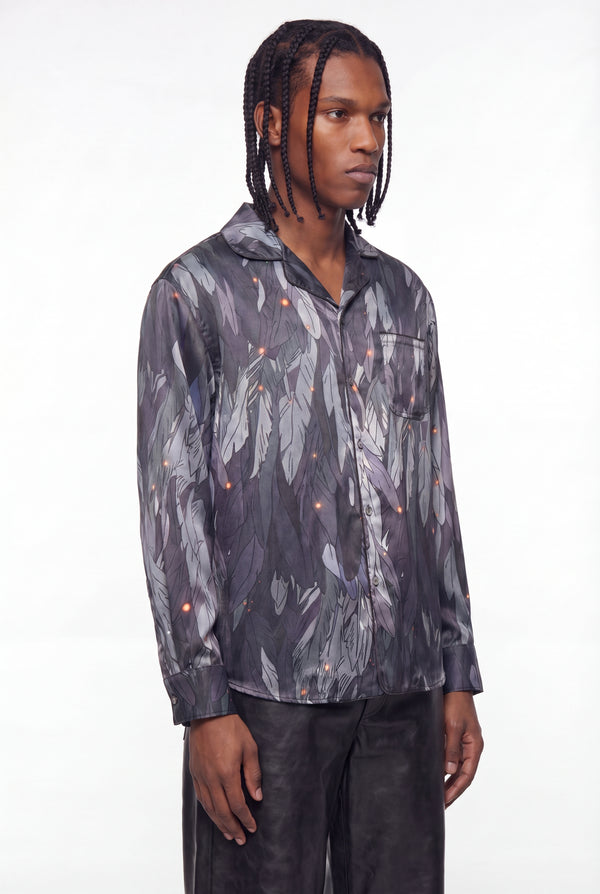 Dark Grey Feather Ember Print Silk Pyjama Shirt