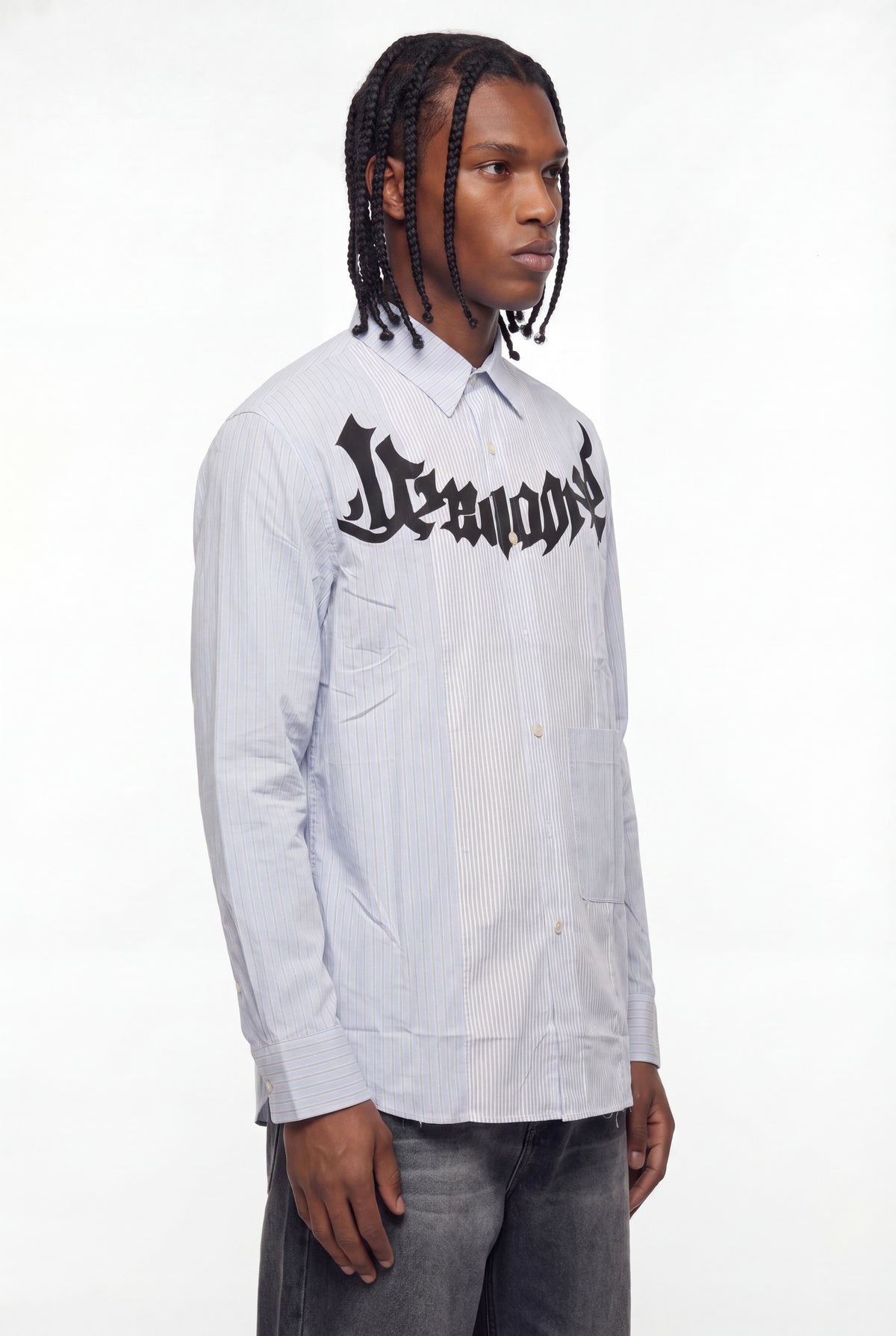 Light Blue Striped Gothic Logo Long-Sleeve Shirt