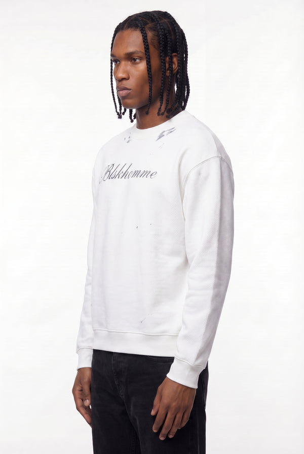 White Blskhomme Script Distressed Sweatshirt