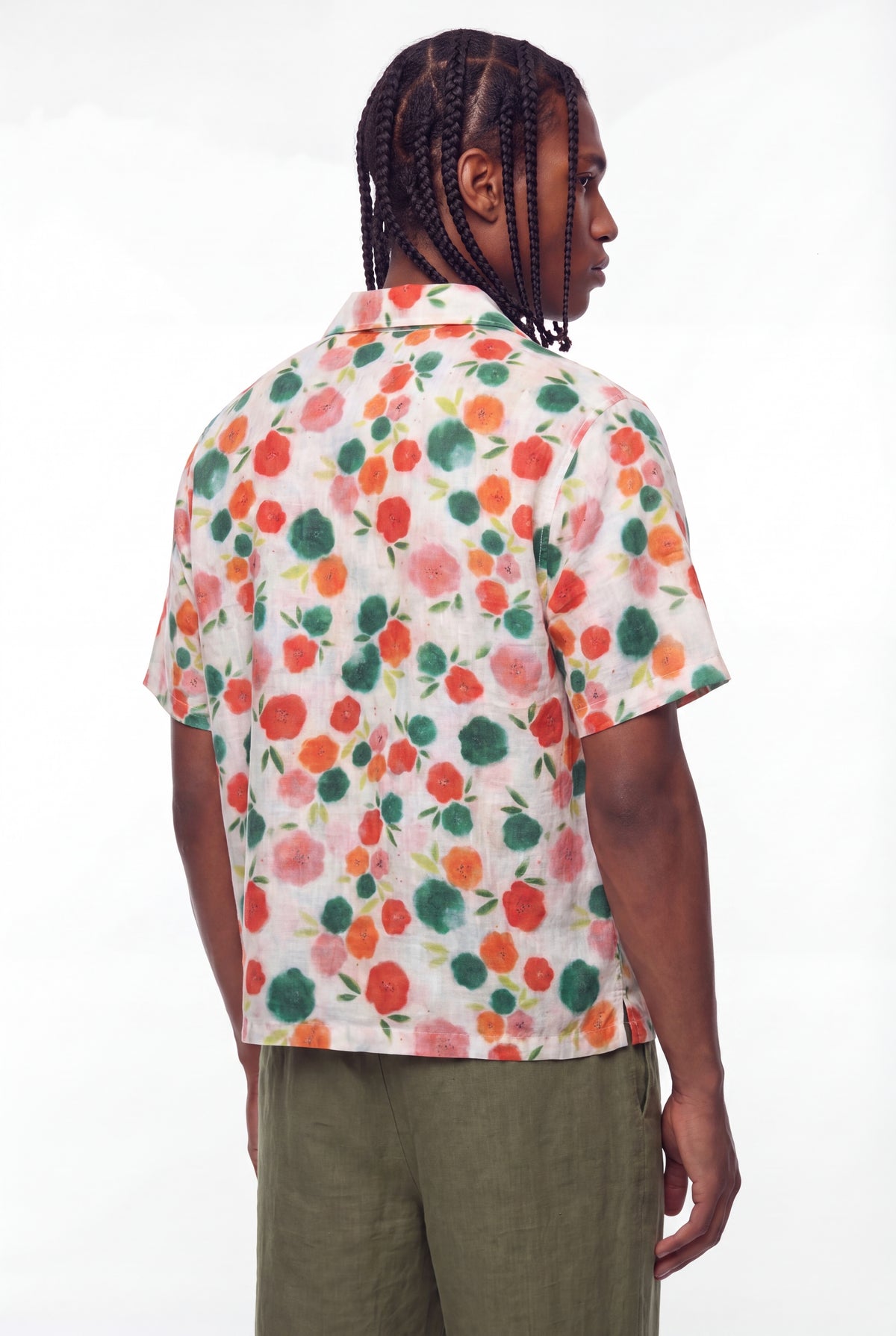 White Watercolor Floral Print Cuban Shirt