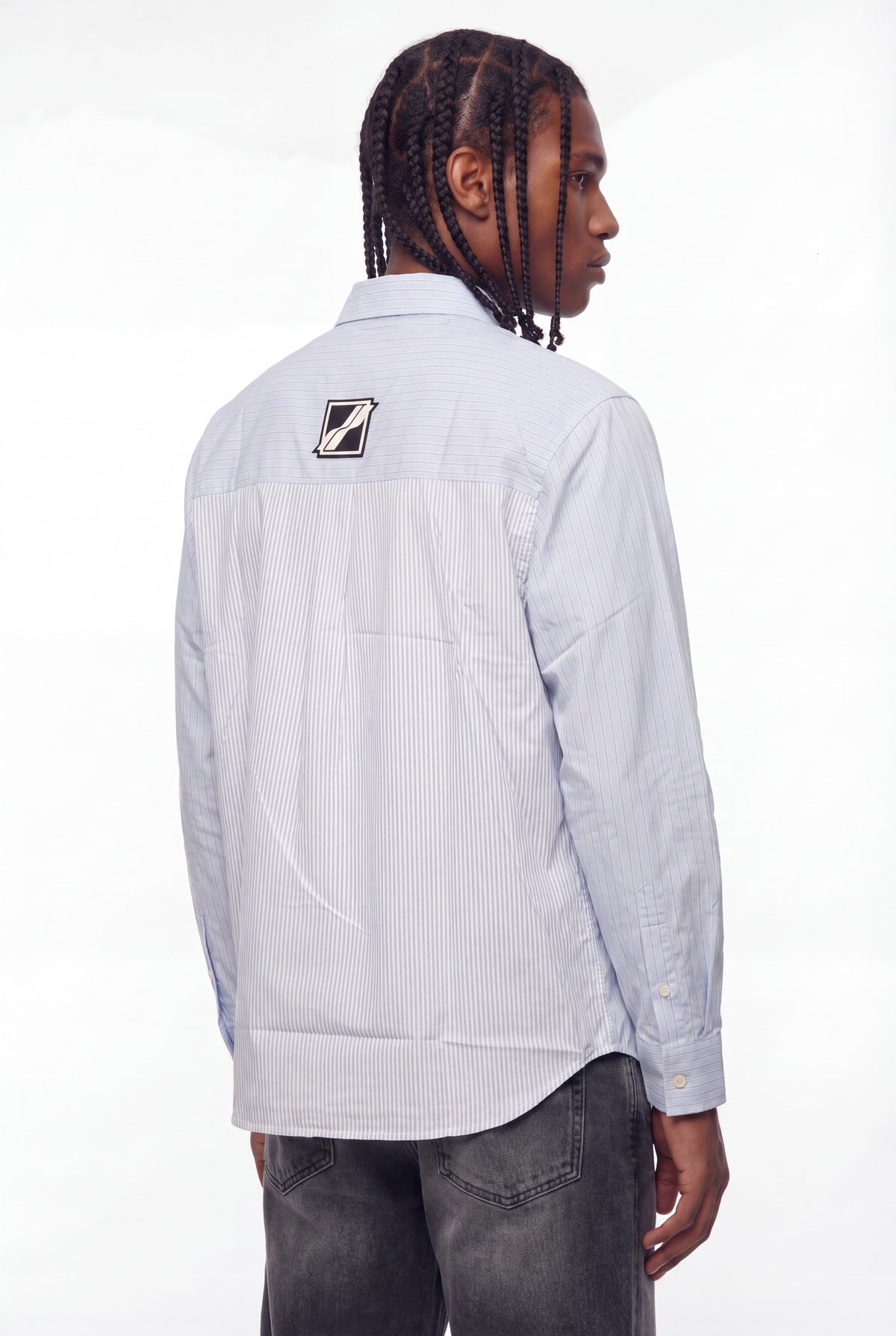 Light Blue Striped Gothic Logo Long-Sleeve Shirt