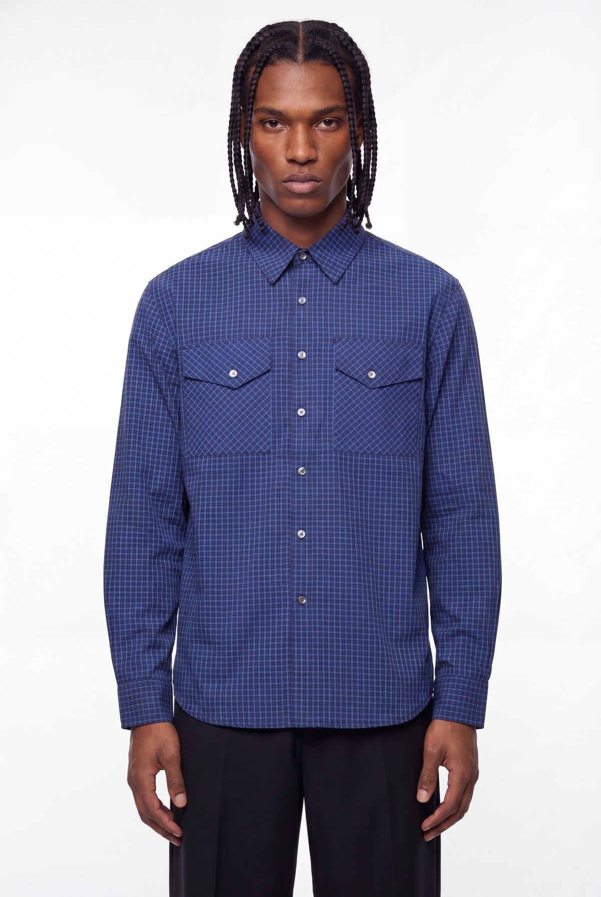 Blue Micro-Check Dual Flap Pocket Shirt