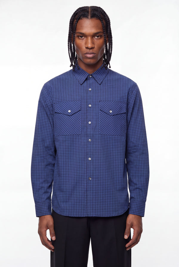 Blue Micro-Check Dual Flap Pocket Shirt