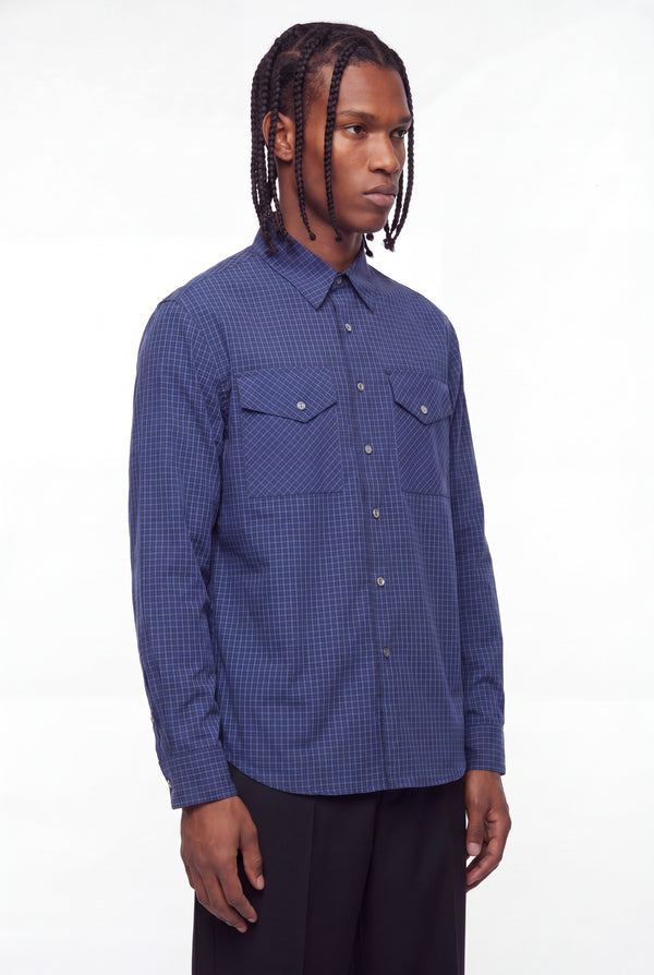 Blue Micro-Check Dual Flap Pocket Shirt