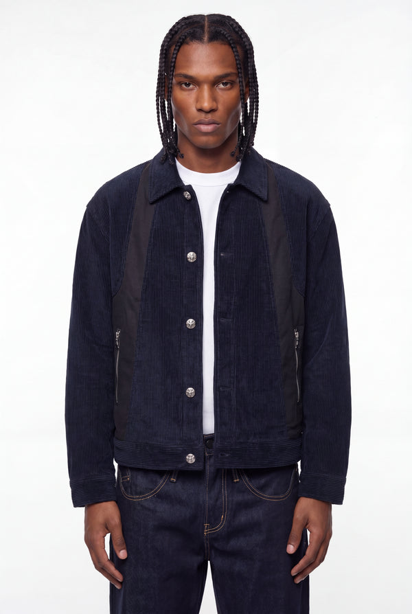 Navy Paneled Corduroy Cross Patch Jacket