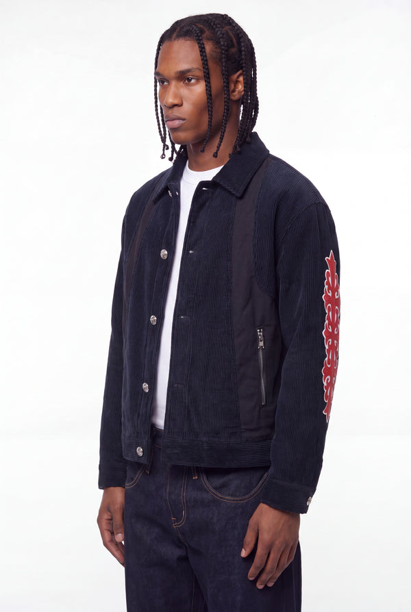 Navy Paneled Corduroy Cross Patch Jacket