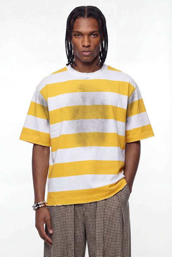 Yellow Horizontal Stripe Distressed T-Shirt