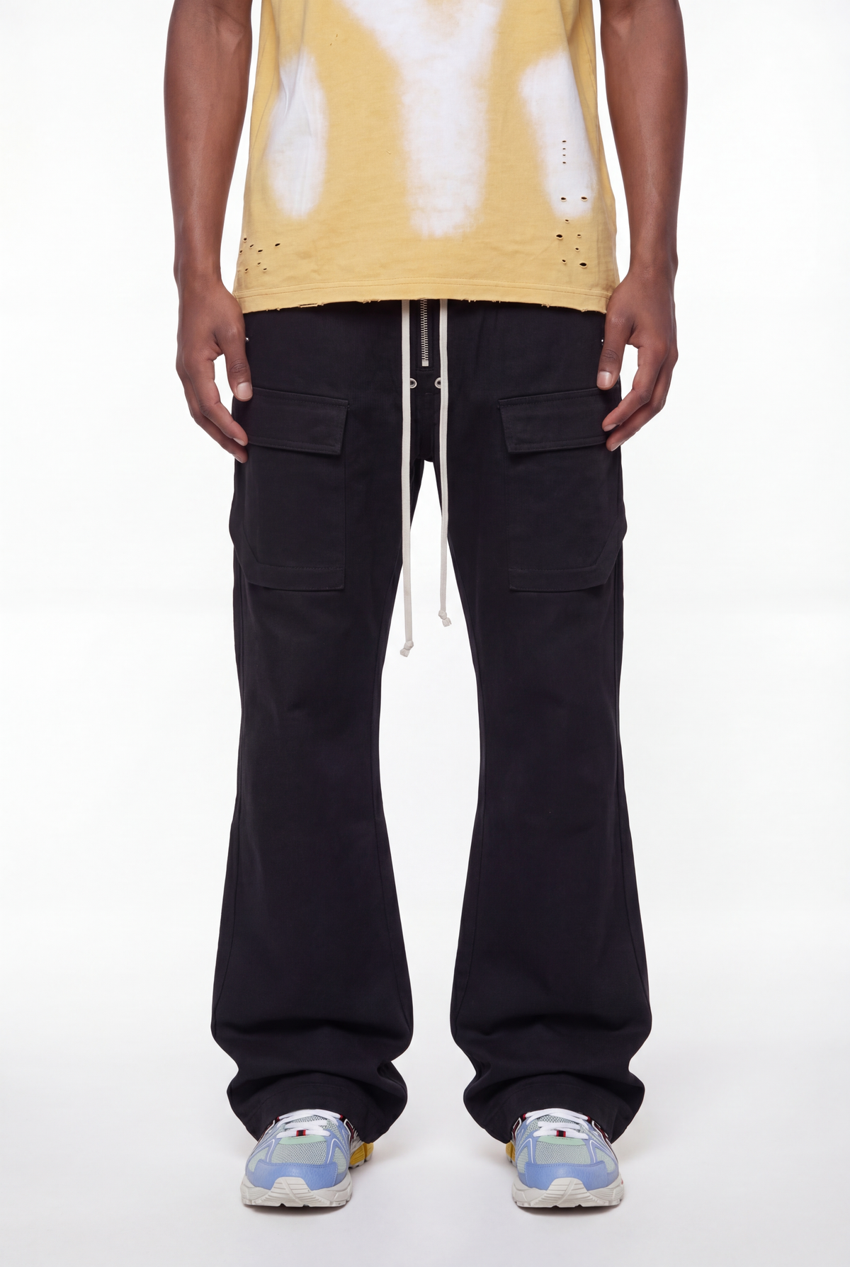 Black Drawstring Flared Wide-Leg Cargo Pants