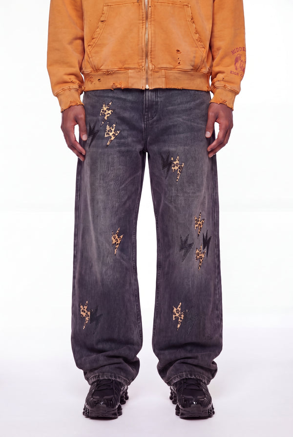 Washed Black Leopard Lightning Bolt Baggy Jeans