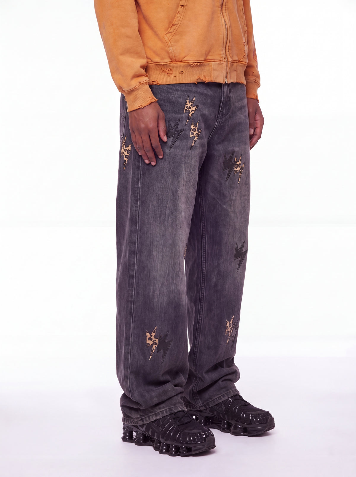Washed Black Leopard Lightning Bolt Baggy Jeans