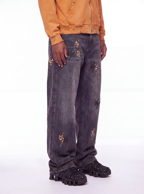 Washed Black Leopard Lightning Bolt Baggy Jeans