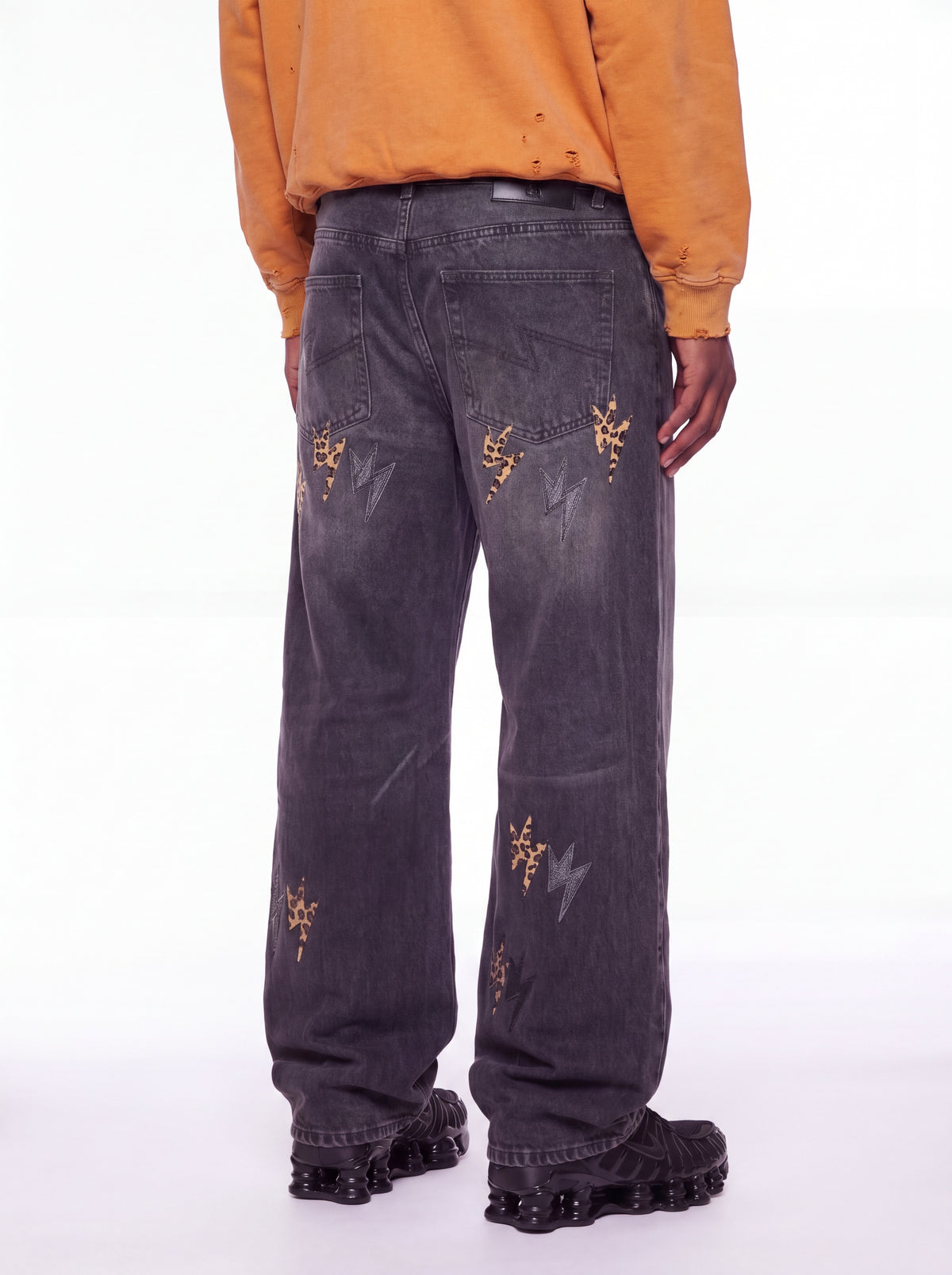 Washed Black Leopard Lightning Bolt Baggy Jeans