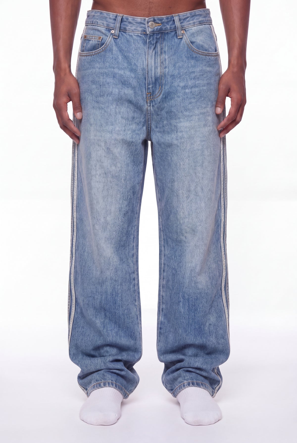 Medium Blue Wide-Leg Jeans White Side Stripe