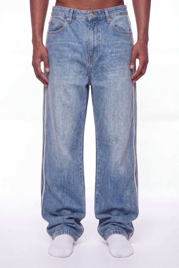 Medium Blue Wide-Leg Jeans White Side Stripe