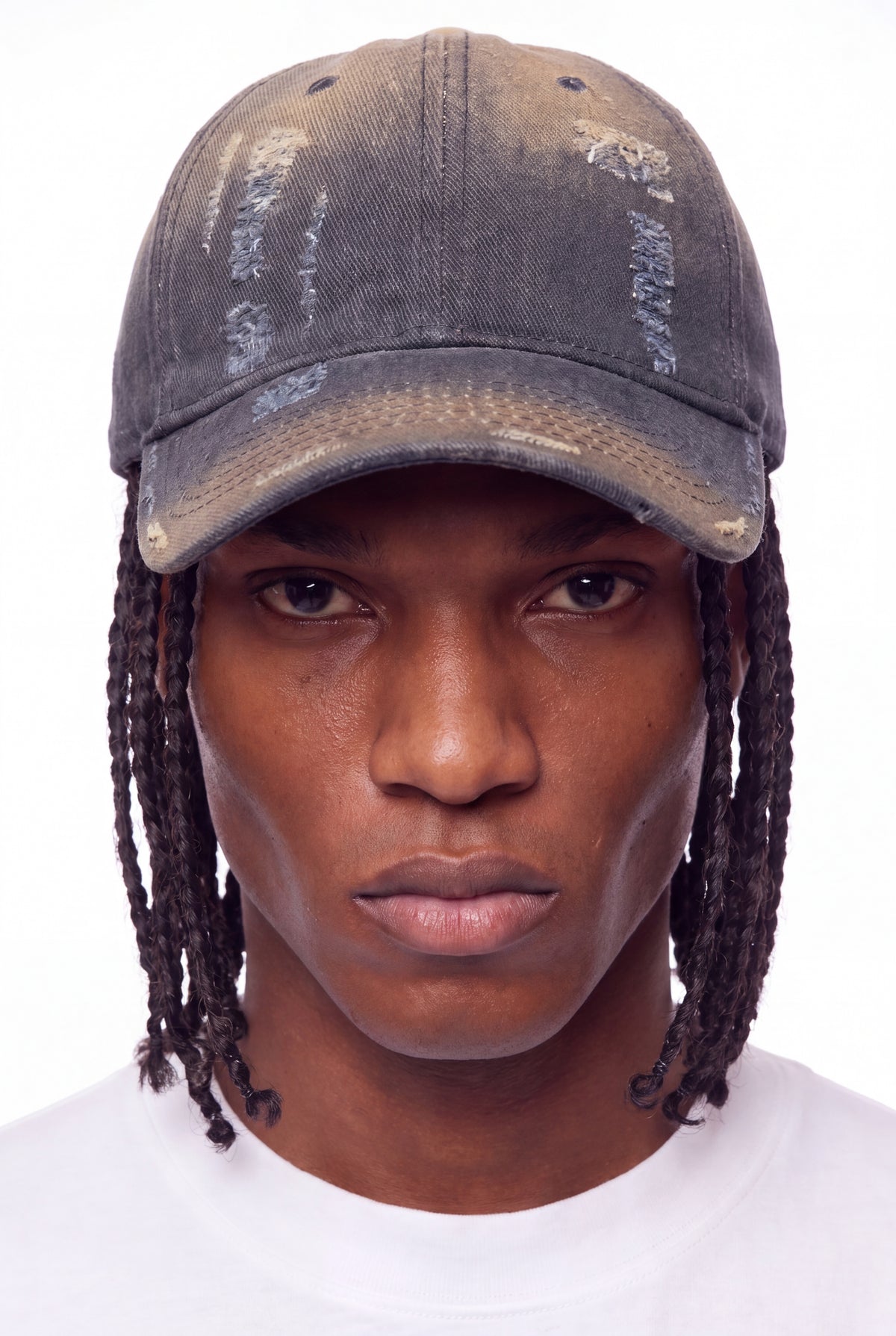 Distressed dad cap in charcoal and tan cotton