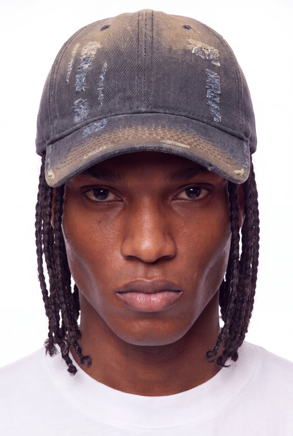 Distressed dad cap in charcoal and tan cotton