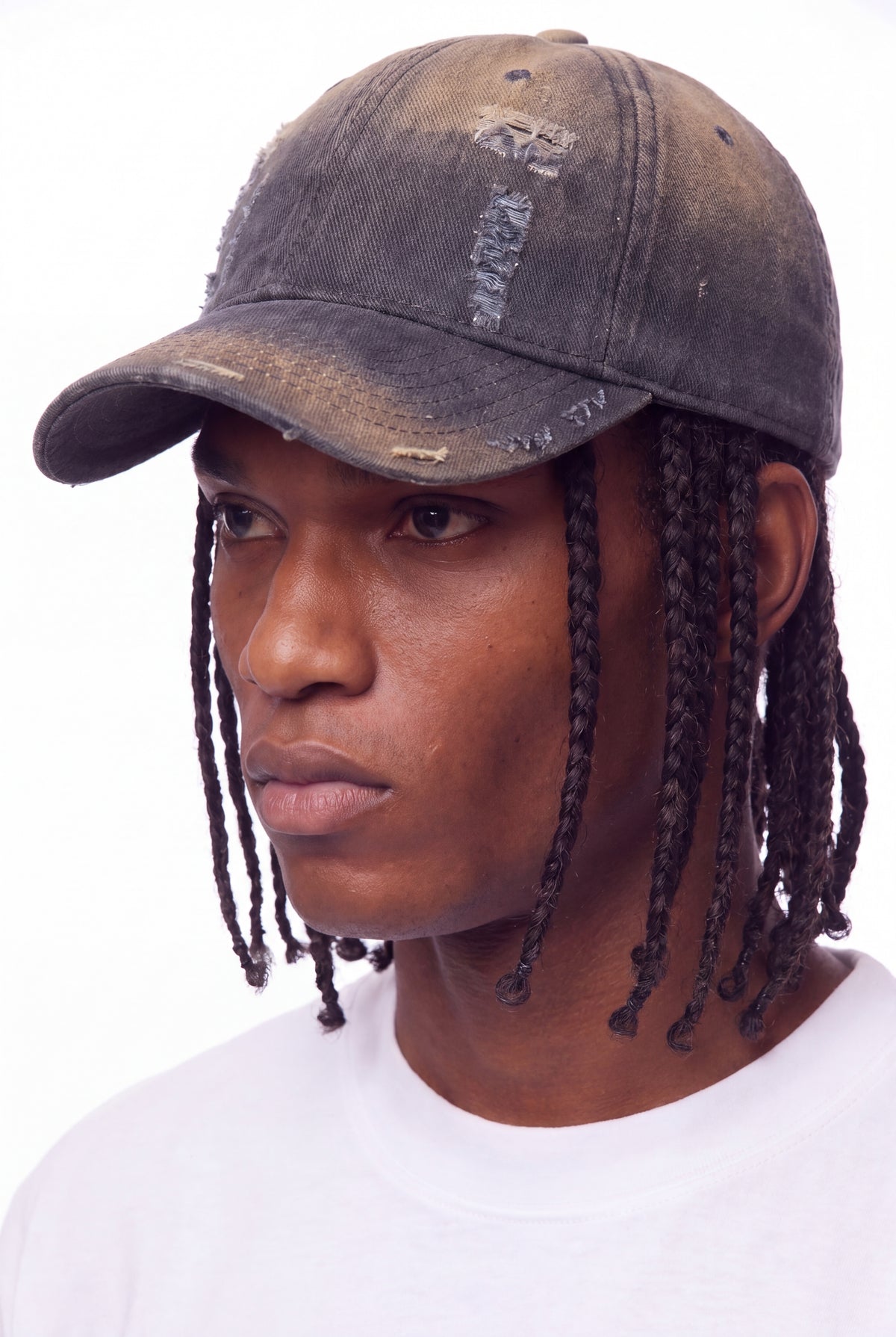 Distressed dad cap in charcoal and tan cotton