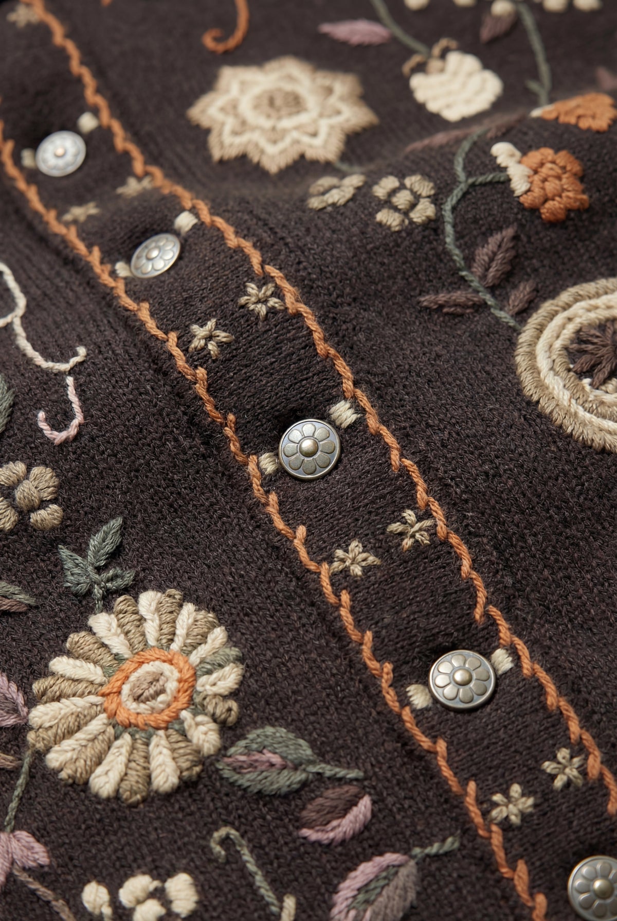 Dark Brown Floral Embroidered Knit Cardigan