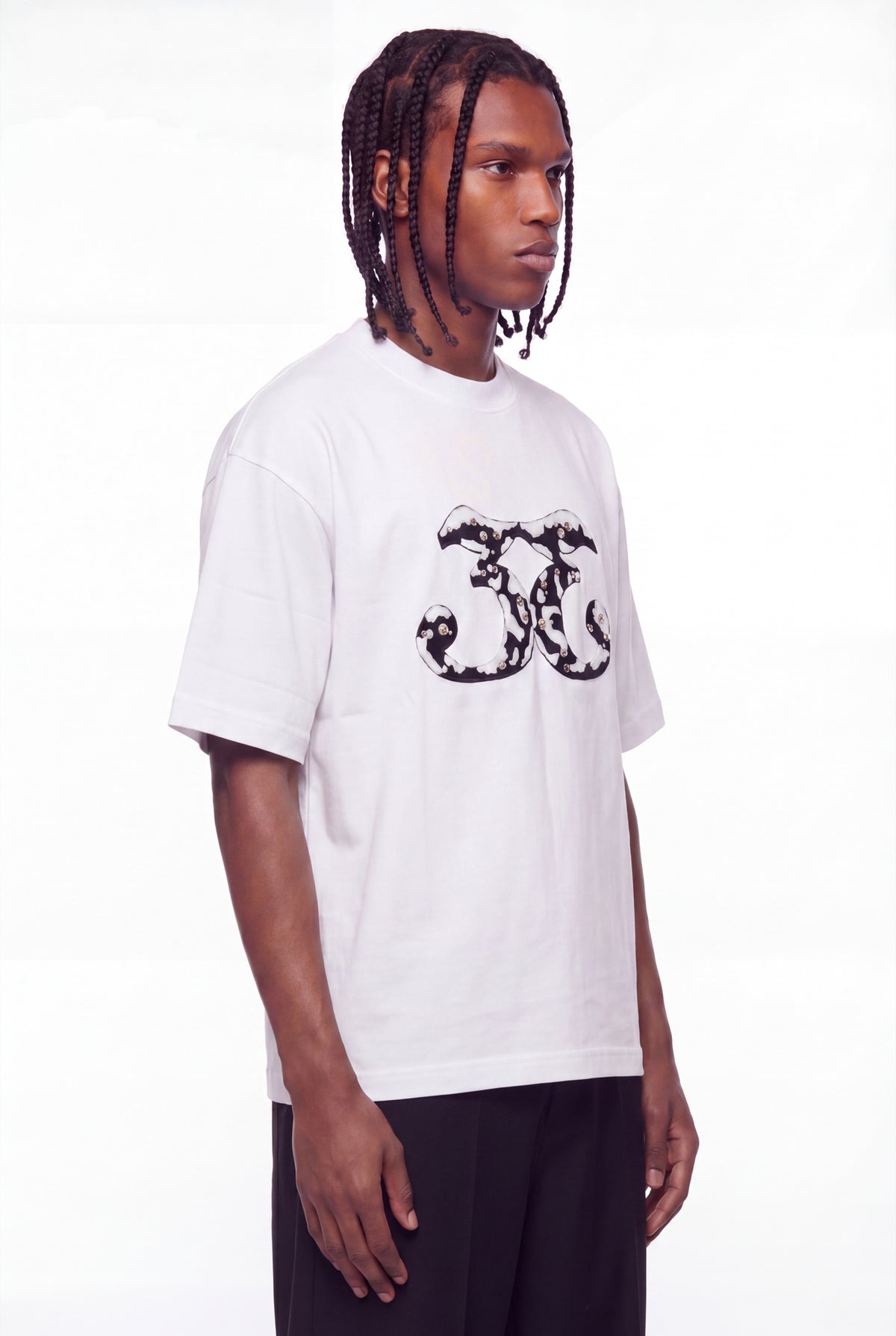 White Mirrored 33 Faux Pearl Stud T-Shirt