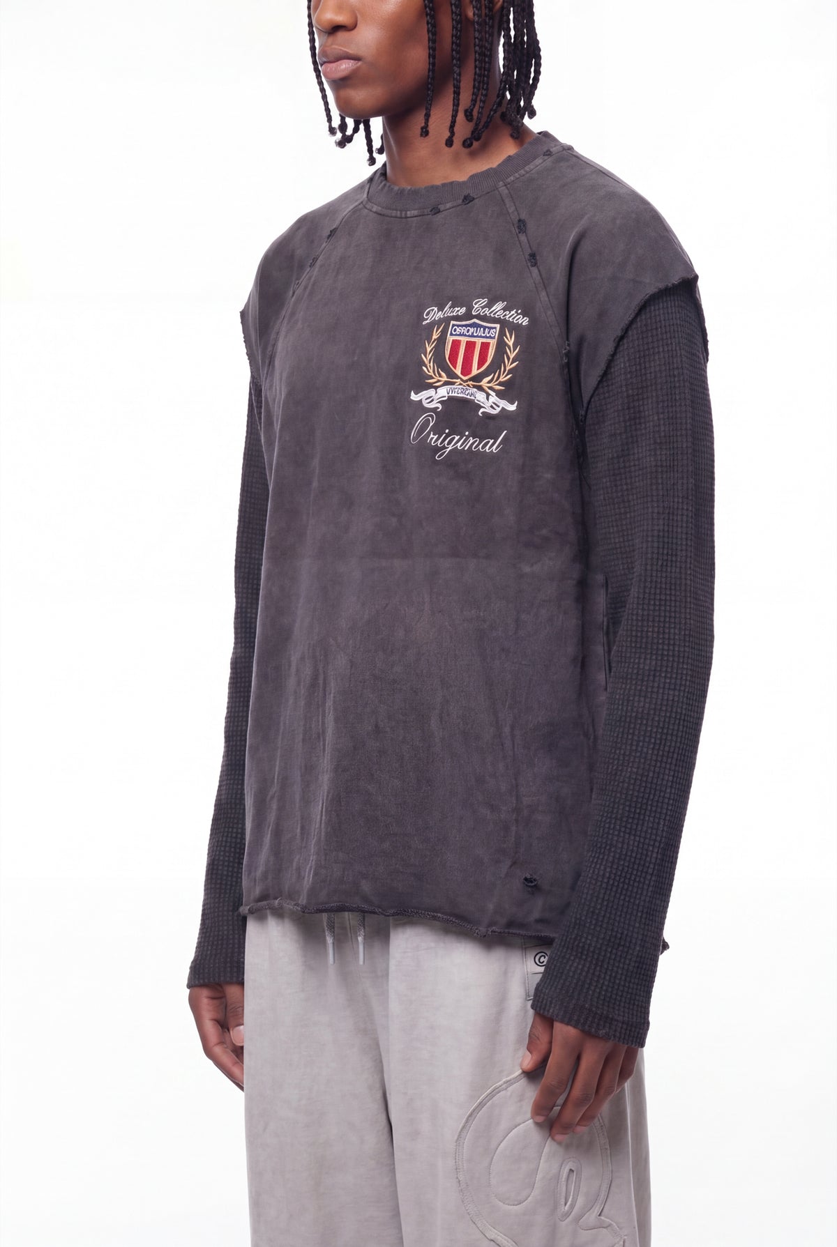Washed Black Layered Waffle-Knit Long Sleeve