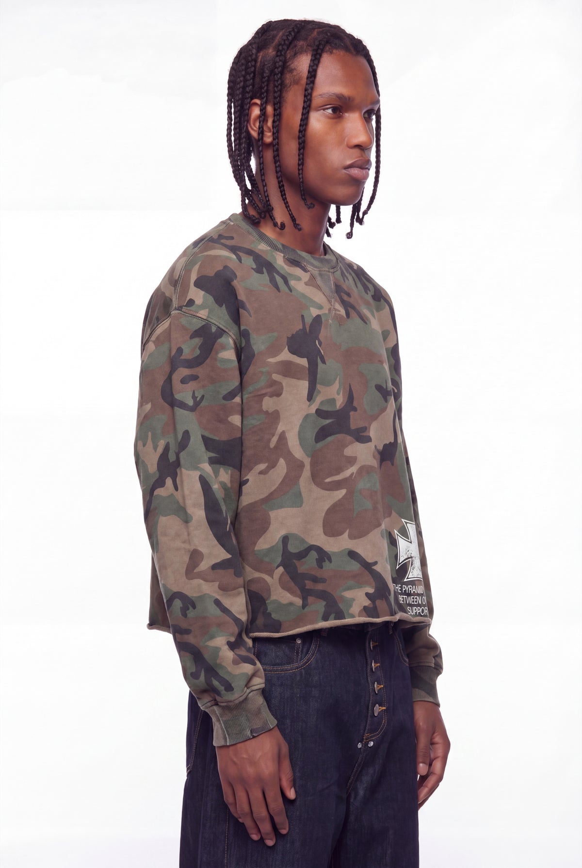 Camouflage Raw Hem Graphic Pullover