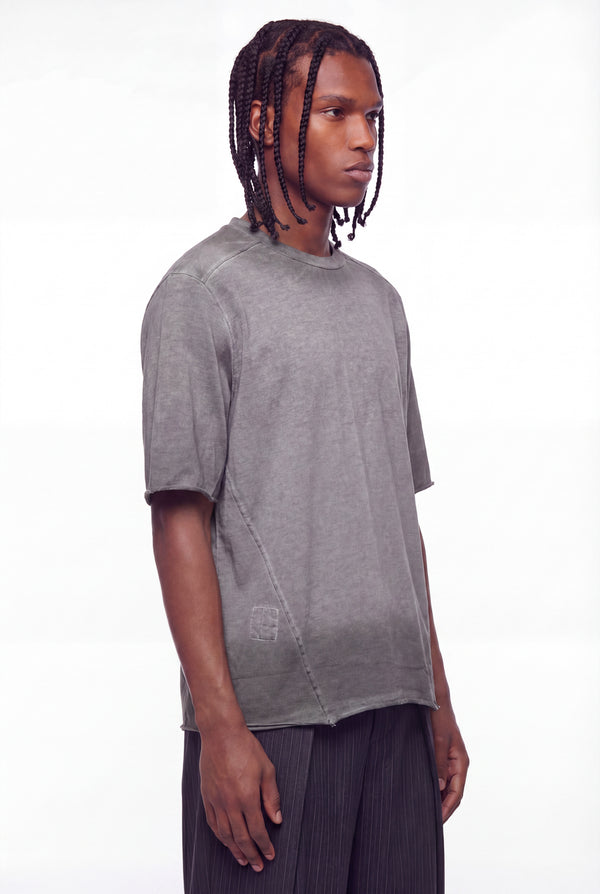 Washed Grey Diagonal Seam Hanging Strap T-Shirt