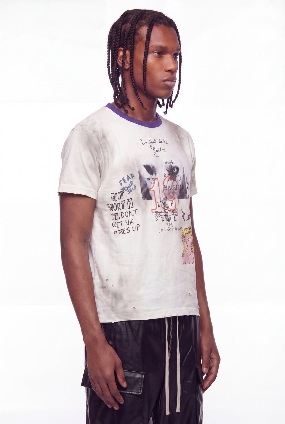 Washed White Basquiat Graphic Distressed T-Shirt