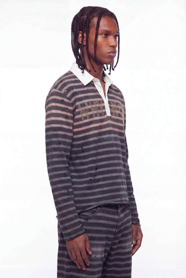 Black Striped Why Not Studded Long-Sleeve Polo