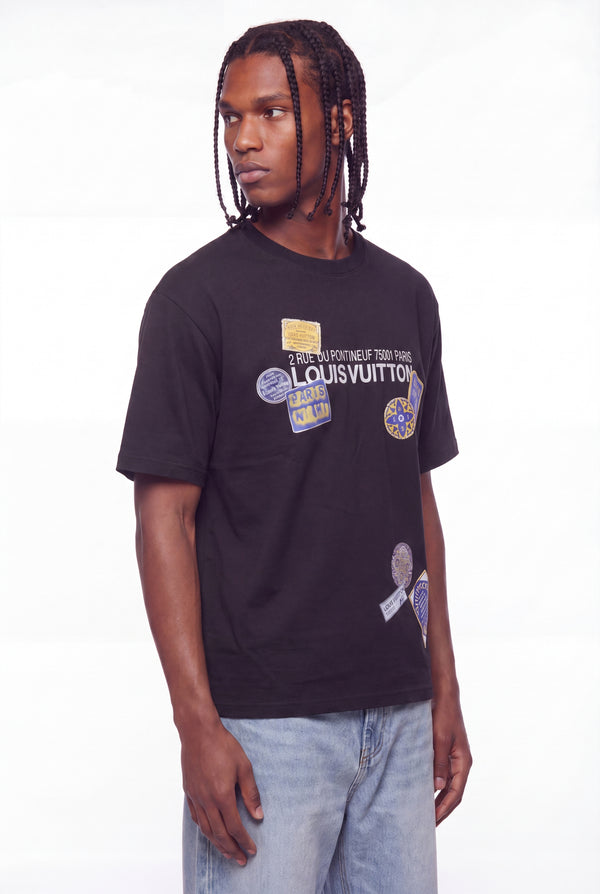 Black Vintage Travel Stamp Print T-Shirt